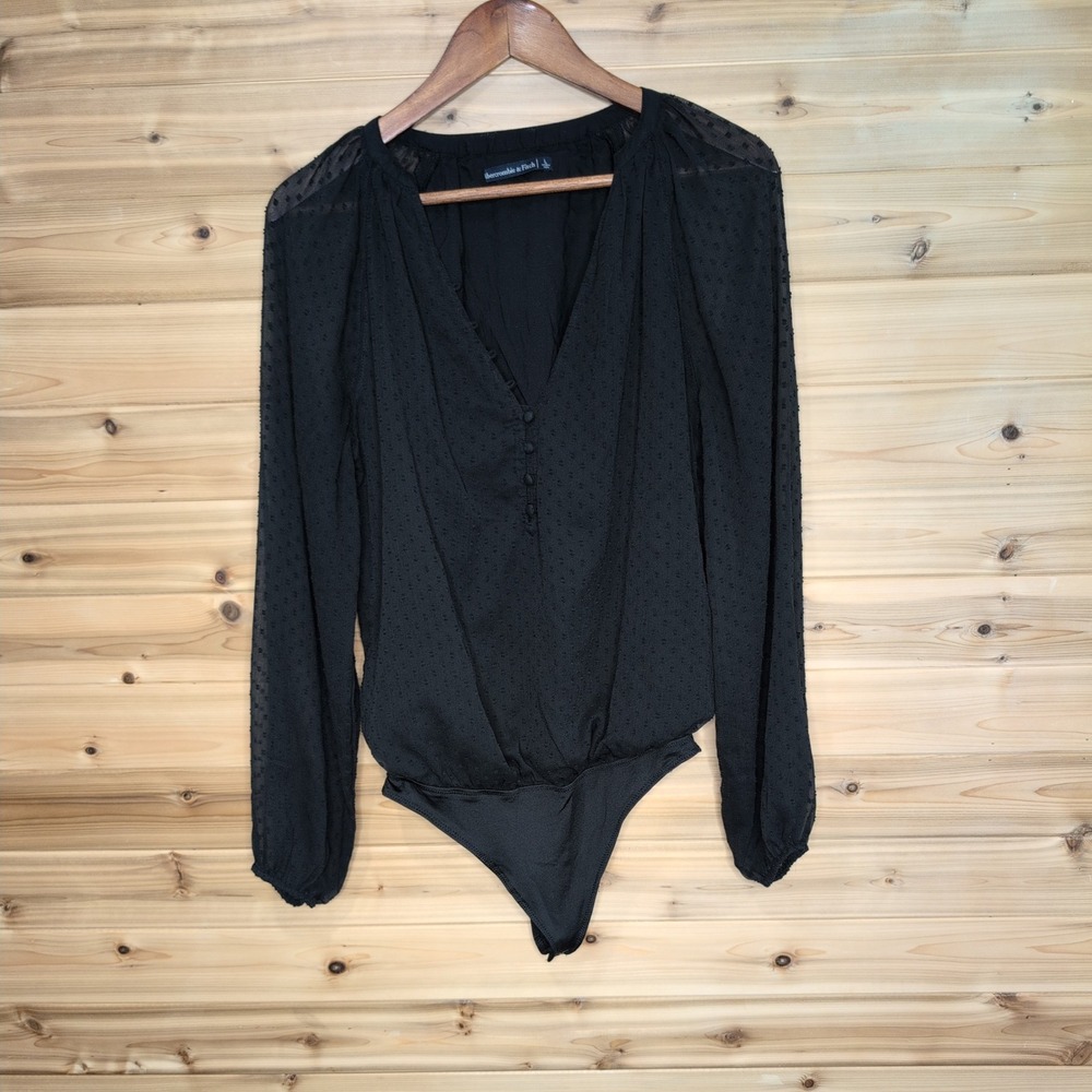 Abercrombie & Fitch Black Clip‎ Dot Long Sleeve V-Neck Bodysuit Large